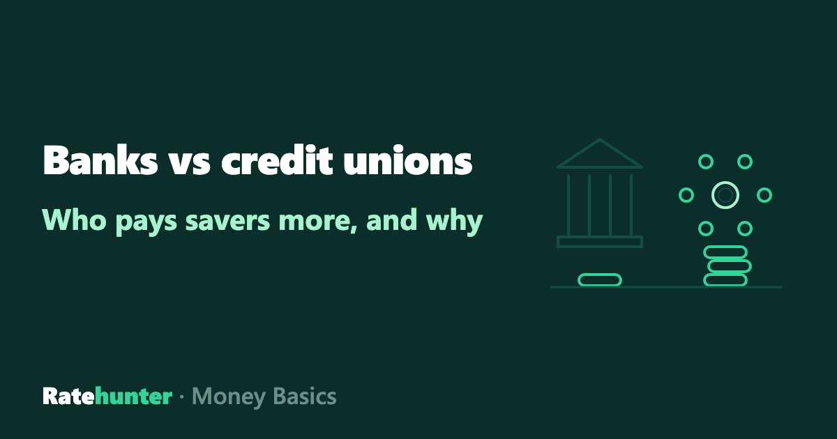 A columned bank beside a ring of credit-union members around a coin beside the words Banks vs credit unions