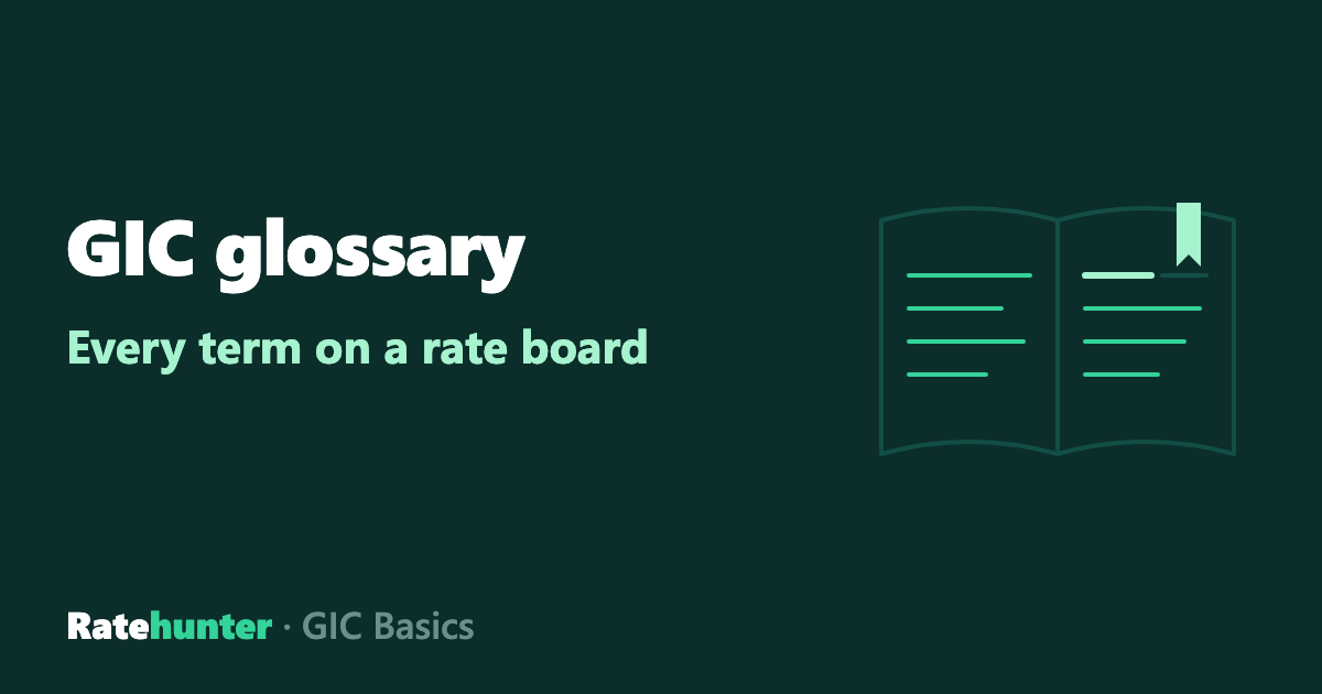 An open book with one term highlighted and a bookmark beside the words GIC glossary