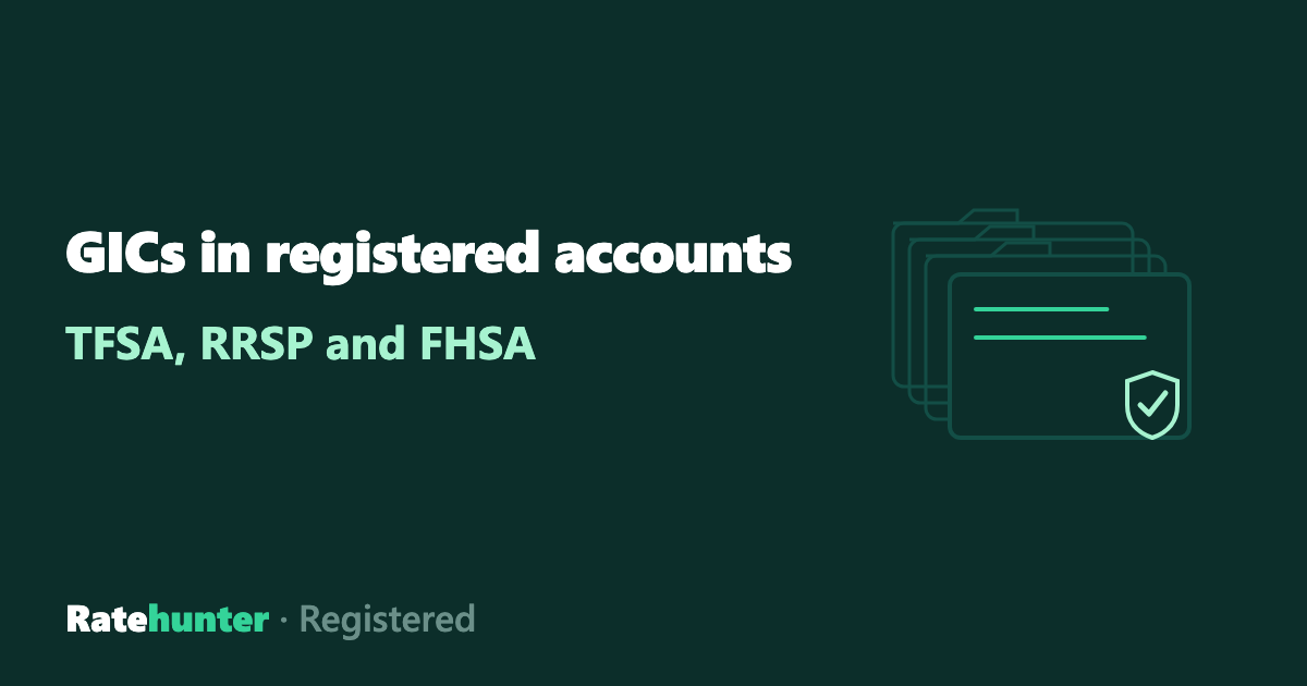 A certificate in front of three account folders, wearing a shield beside the words GICs in registered accounts